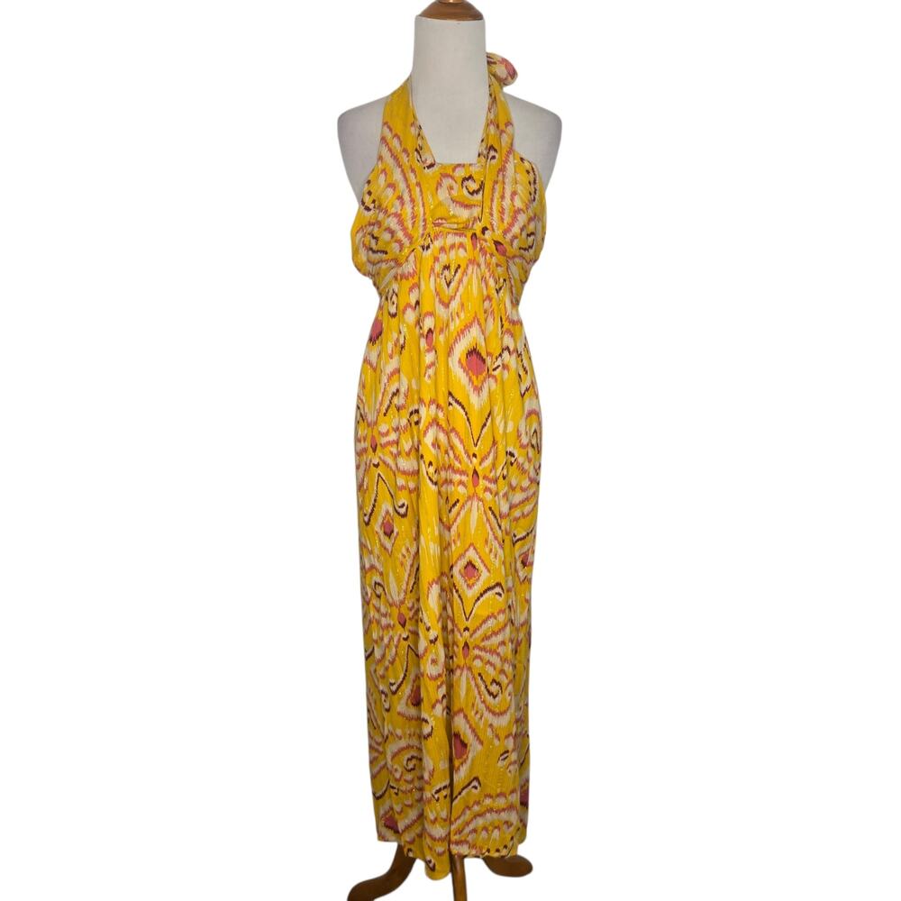 NWT Joy Joy Chiffon Summer Maxi Dress Halter Smocked Printed Resort Women Small
